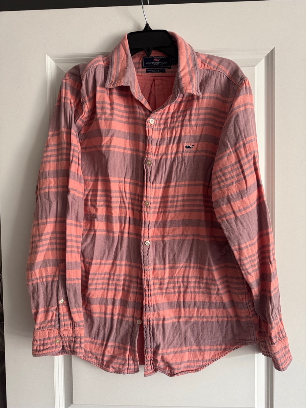 Vineyard Vines Men’s Coral and Gray Plaid Button-Down Shirt
